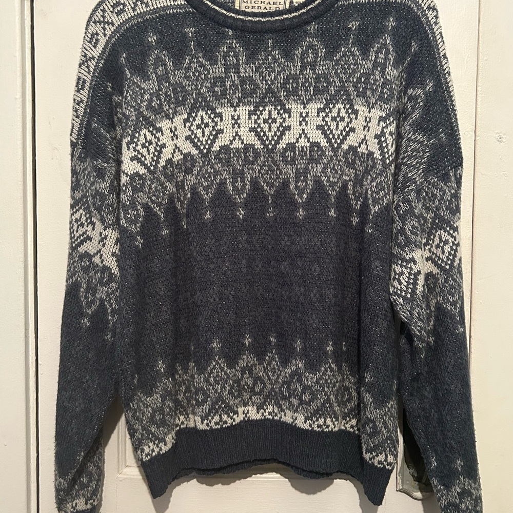 Vintage 80s Michael Gerald Gray White Acrylic Knit Geometric Sweater Men Size L